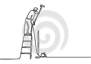 One single line drawing of young attractive handyman painting house wall using paint roller. Painter wall renovation service