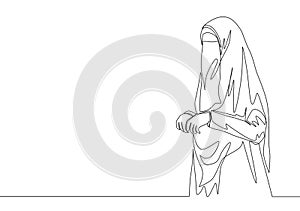 One single line drawing of young beautiful pretty middle east muslimah wearing burqa with veil. Traditional beauty Arabian woman