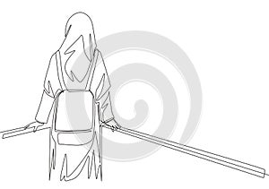 One single line drawing of young beauty middle east muslimah wearing burqa and carrying bag, back view. Traditional Arabian woman