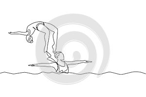 One single line drawing of young beauty women swimmer performing synchronized routine of elaborate moves in the water vector