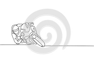 One single line drawing of young biker practice leaning into fast corner at race track vector illustration. Superbike racing