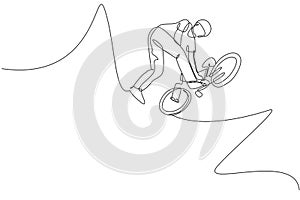 One single line drawing of young bmx bicycle rider do flying on the air trick at street vector illustration. Extreme sport concept