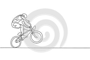 One single line drawing of young bmx bicycle rider performing freestyle trick on street vector illustration. Extreme sport concept