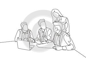 One single line drawing of young business men watching laptop screen during meeting with colleagues at office room. Brainstorming