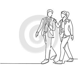 One single line drawing of young couple male and female employees discussing new strategy plan to write annual report. Urban