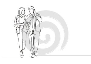 One single line drawing of young couple male and female managers discussing new strategy plan to company growth. Urban commuter