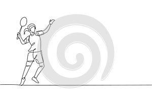 One single line drawing young energetic badminton player ready to hit shuttlecock vector graphic illustration. Healthy sport