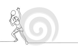 One single line drawing of young energetic female tennis player hit the ball vector illustration. Sport training concept. Modern
