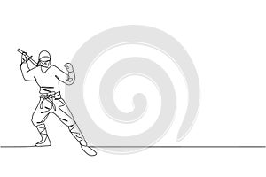 One single line drawing of young energetic Japanese traditional ninja holding samurai sword on attack pose vector illustration.