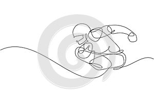 One single line drawing of young energetic man american football player run and hold the ball for league promotion. Sport