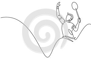 One single line drawing of young energetic man badminton player hit smashing shuttlecock vector illustration. Healthy sport