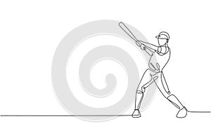 One single line drawing of young energetic man baseball player practice to hit the ball vector illustration. Sport training
