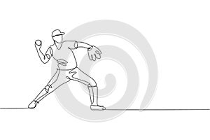 One single line drawing of young energetic man baseball player practice to throw the ball vector illustration. Sport training