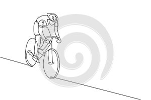 One single line drawing of young energetic man bicycle racer focus to chase after rival vector illustration. Racing cyclist