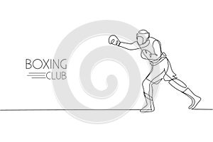 One single line drawing of young energetic man boxer improve his attack punch vector illustration. Sport combative training