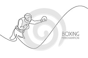 One single line drawing of young energetic man boxer practice his hook punch vector illustration. Sport combative training concept