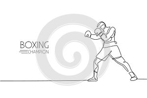 One single line drawing of young energetic man boxer practicing at sport gym vector illustration. Sport combative training concept