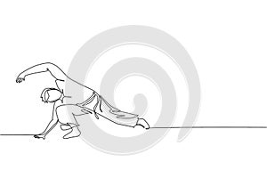 One single line drawing of young energetic man capoeira dancer perform dancing fight vector illustration graphic. Traditional