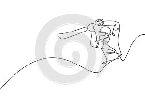 One single line drawing young energetic man cricket player hit the ball homerun at stadium graphic vector illustration. Sport photo