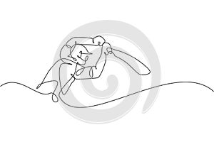 One single line drawing of young energetic man cricket player stance to hit the ball vector illustration. Competitive sport