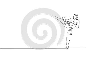 One single line drawing of young energetic man kickboxer practice side kick in boxing arena graphic vector illustration. Healthy