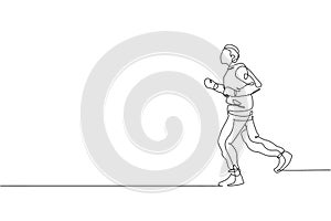 One single line drawing of young energetic man runner run relax at the morning vector illustration graphic. Healthy sport training