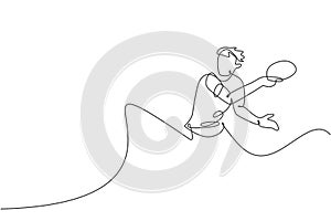 One single line drawing of young energetic man table tennis player ready to hit the ball vector illustration. Sport training