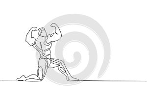 One single line drawing of young energetic model man bodybuilder pose charmingly vector illustration. Healthy workout concept.