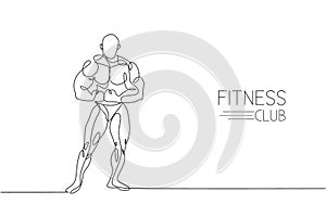 One single line drawing of young energetic model man bodybuilder pose vector illustration. Healthy workout in fitness center