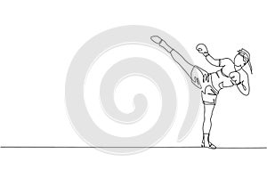 One single line drawing of young energetic muay thai fighter man exercising at gym fitness center graphic vector illustration.