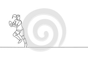 One single line drawing of young energetic rugby player holding the ball and avoid opponent vector illustration. Healthy sport