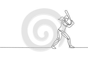 One single line drawing of young energetic woman baseball player practice to hit the ball vector illustration. Sport training