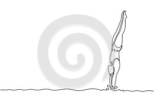 One single line drawing of young energetic woman diving into the swimming pool after beauty jumping somersault vector illustration
