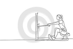 One single line drawing of young energetic woman exercise focus to pull adductor machine in gym fitness center vector illustration