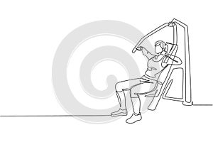 One single line drawing of young energetic woman exercise with hammer strength machine in gym fitness center vector illustration.