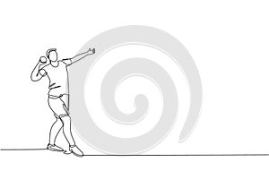 One single line drawing of young energetic woman exercise to throw shot put powerfully on the field vector illustration. Healthy