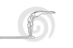 One single line drawing of young energetic woman stand with hand at diving board ready to jump into the pool vector illustration.