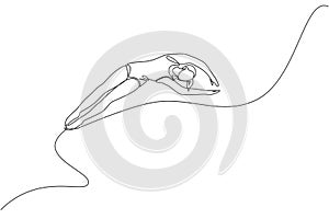One single line drawing of young energetic woman train for diving and somersaulting from height vector illustration. Competition