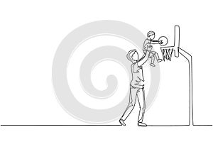 One single line drawing young father raise his son to score when playing basketball game at home field vector graphic illustration