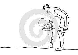One single line drawing of young father with son play football at the beach. A dad plays with his son for the holidays. Happy