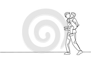 One single line drawing of young father talking to his sleepy son while carrying him on back go to the bed room vector