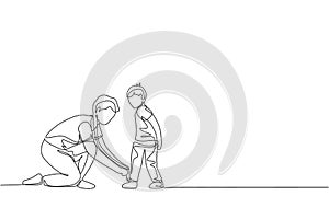 One single line drawing young father tying his son shoelaces before go to school, parenting time vector illustration. Happy family