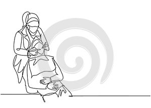 One single line drawing of young female dentist examining patient teeth and do tooth filling at dental clinic. Mouth health care