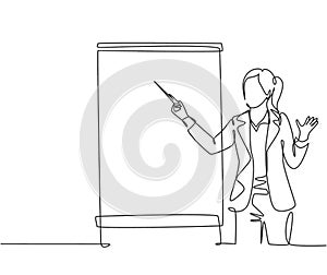 One single line drawing of young female presenter pointing the finger to screen with marker. Business presentation at the office