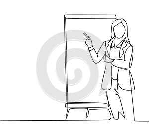 One single line drawing of young female presenter thinking while doing presentation at the office during meeting. Work