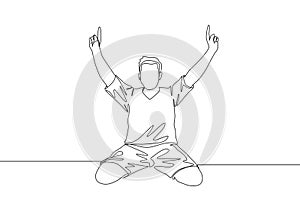 One single line drawing of young football player pointing his fingers to the sky celebrating his goal scoring at field. Match goal