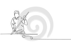 One single line drawing of young handsome man playing pool billiards at billiard room vector graphic illustration. Indoor sport