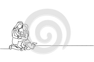 One single line drawing of young happy Arabian mother and father hugging their daughter girl on the floor vector illustration.