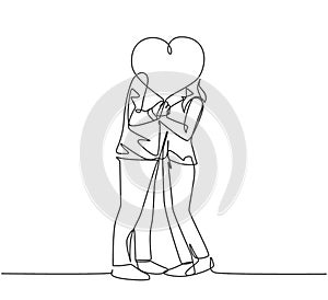 One single line drawing of young happy couple man and woman kissing and covered by heart shape balloon celebrating their marriage