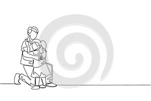 One single line drawing of young happy father hugging his lovely daughter full of warmth at school vector illustration. Parenting